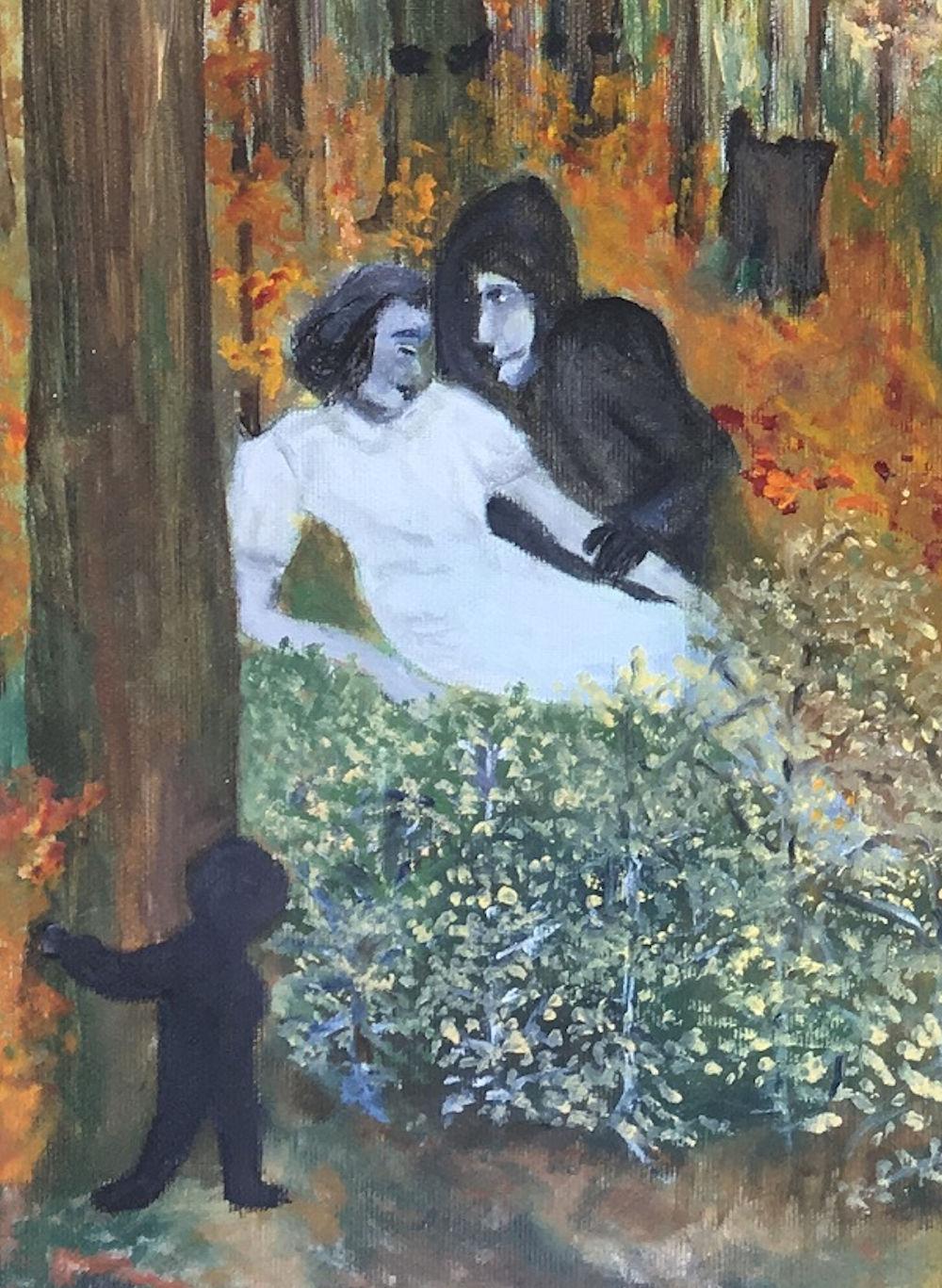 Peinture du peintre danois Bente Ørum 2017.

Marcher dans les bois est agréable. S'asseoir peut être excitant, mais tout n'est pas aussi paisible que cela pourrait l'être. 

À propos de l'artiste :
Les peintures de Bente Ørum sont figuratives,