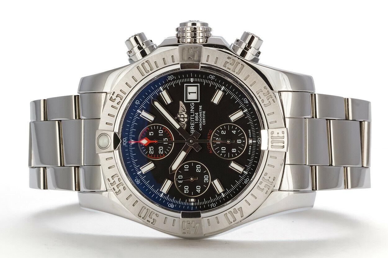 We are pleased to offer this 2017 Breitling Stainless Steel Avenger II 43mm Automatic Watch A13381. This watch features a 43mm stainless steel case, black chronograph dial with white & silver stick markers, black inner bezel and black sub dials,