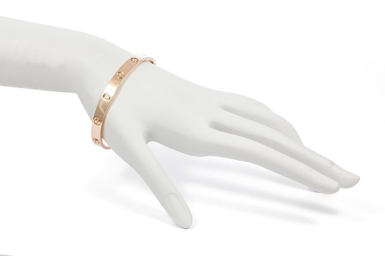 Modern 2017 Cartier Four Diamond Love Bangle Bracelet 18 Karat Rose Gold Box and Papers