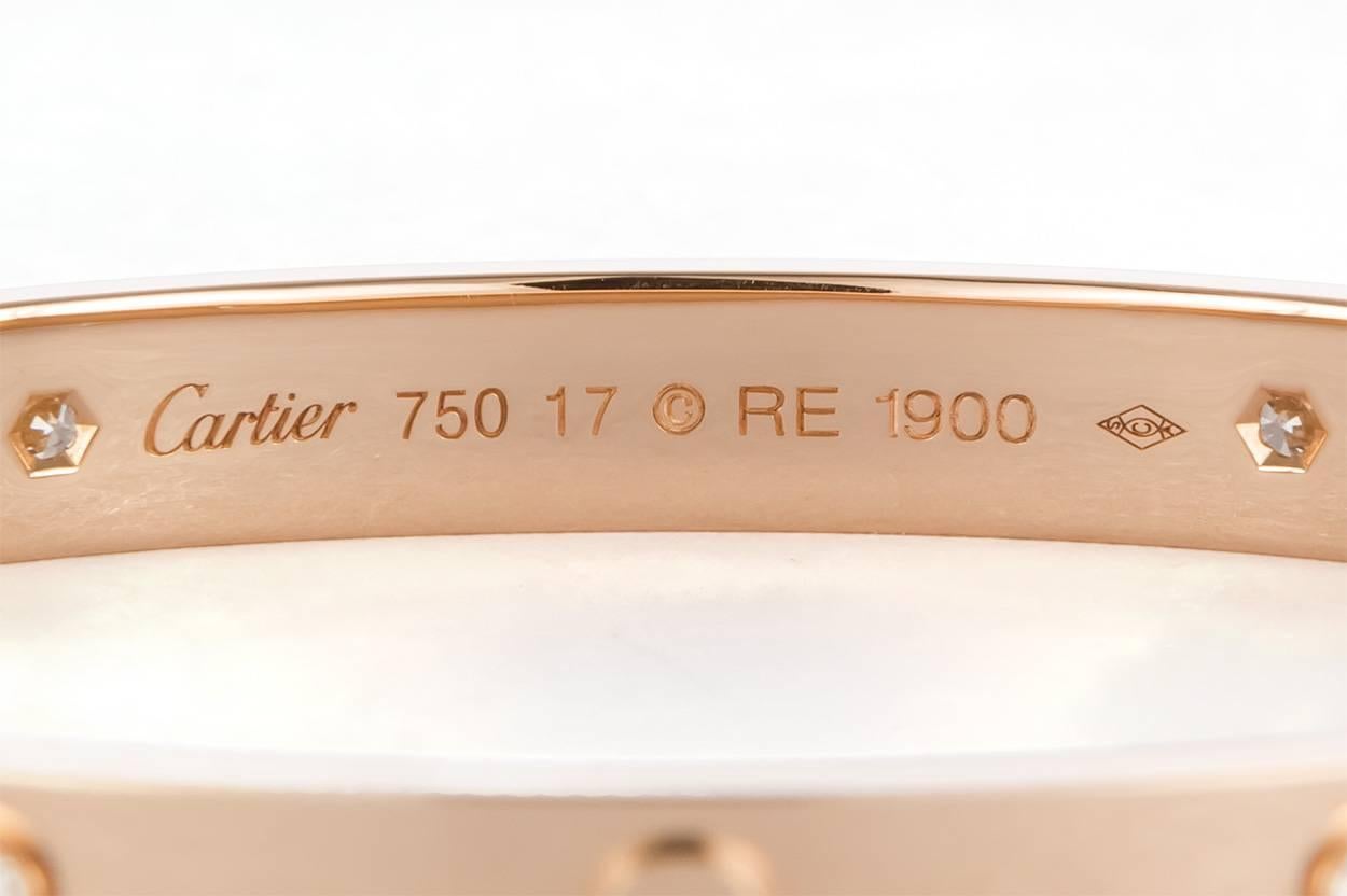 Round Cut 2017 Cartier Four Diamond Love Bangle Bracelet 18 Karat Rose Gold Box and Papers
