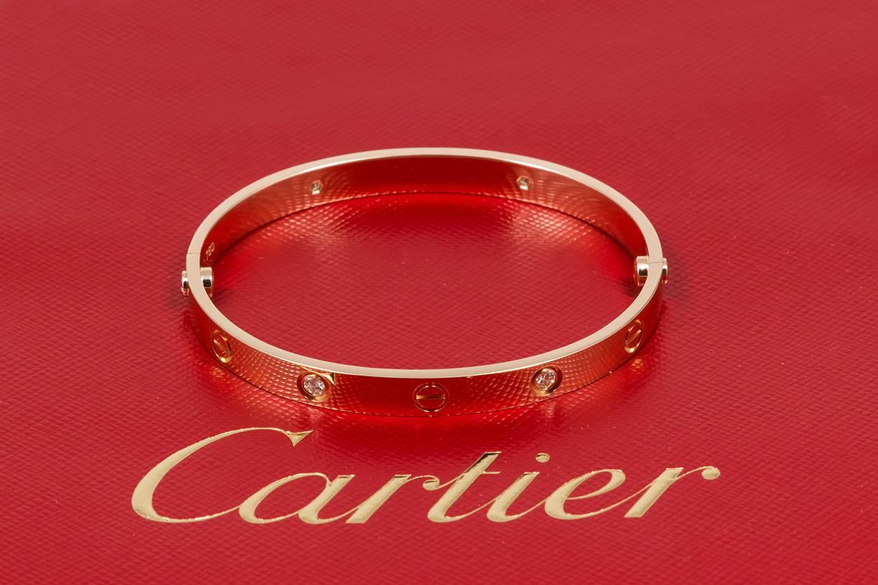 Women's 2017 Cartier Four Diamond Love Bangle Bracelet 18 Karat Rose Gold Box and Papers