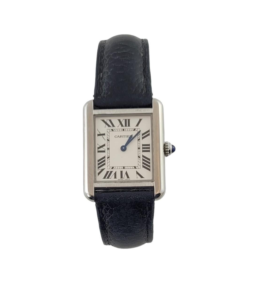 2017 Cartier Ladies Tank Solo Watch

Model: WSTA0030
Serial: 3170544614XX

Stainless steel case size: 24mm x 30mm

Black leather Cartier band with stainless steel clasp - leather strap shows wear as in pictures.

Fits up to 6 3/4