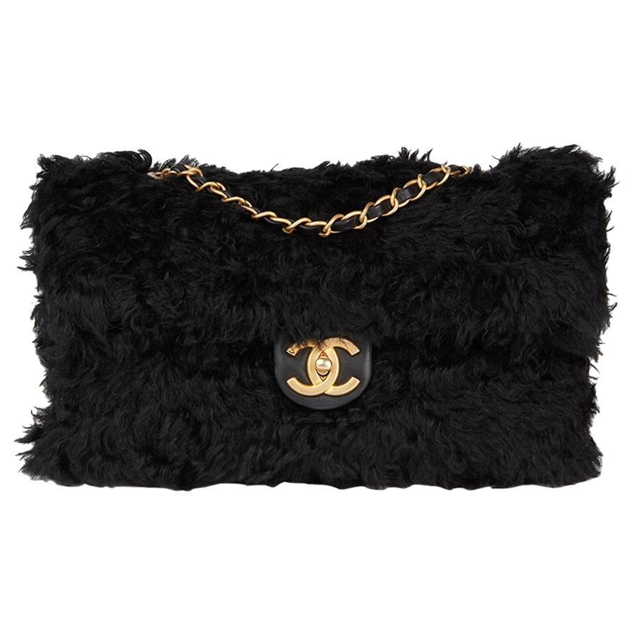 2017 Chanel Black Fantasy Fur Classic Foldover Flap Bag