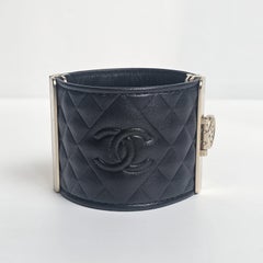 2017 Chanel Black Leather Quilted CC Bangle