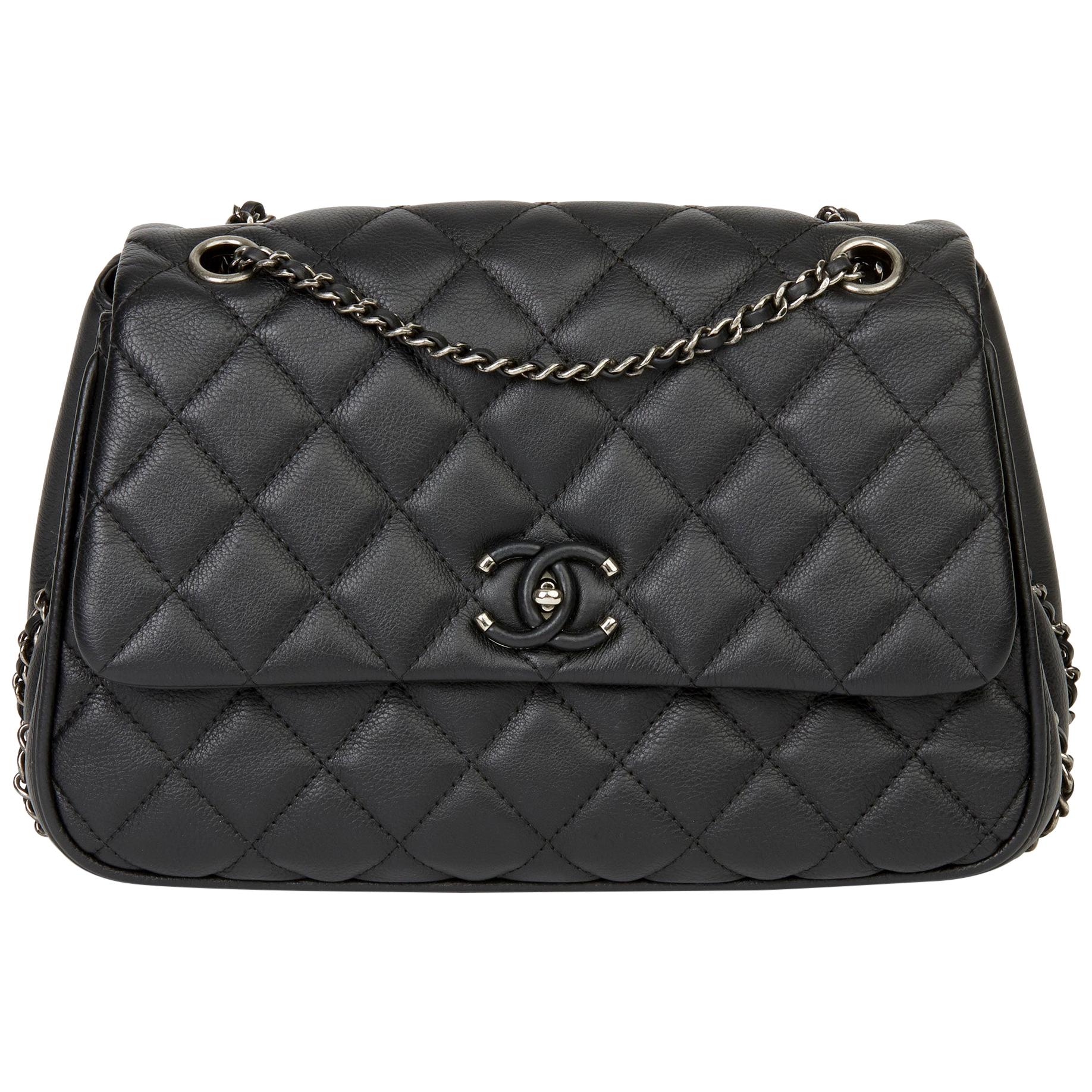 2017 Chanel Black Quilted Calfskin Leather Medium Frame in Chain Flap Bag
