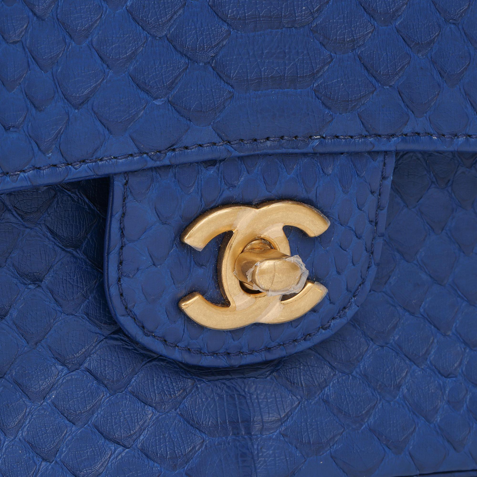 Women's 2017 Chanel Blue Python Leather Medium Classic Double Flap Bag
