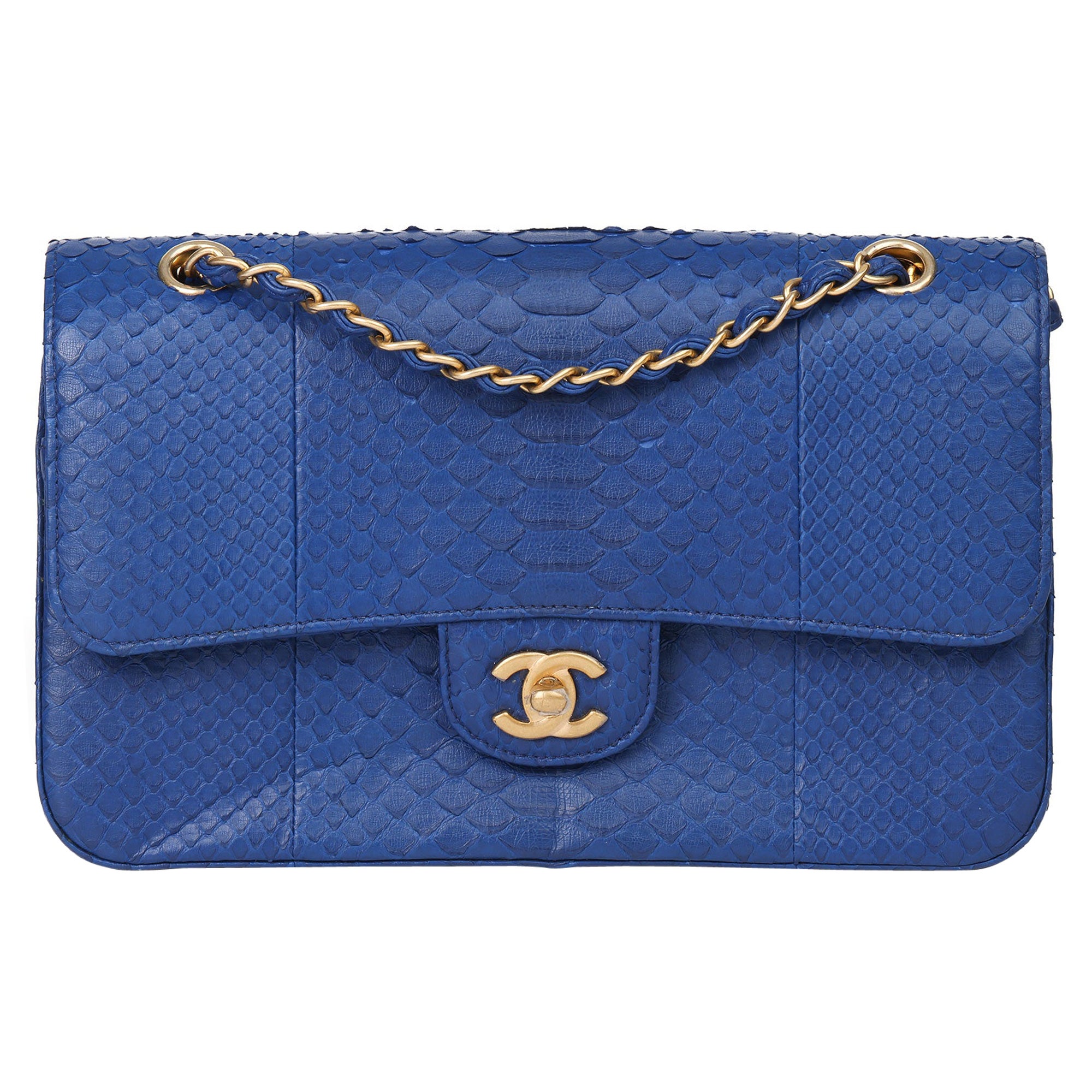 2017 Chanel Blue Python Leather Medium Classic Double Flap Bag