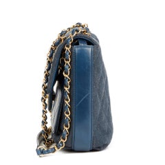 2017 Chanel Borsa a patta singola in denim trapuntato blu e pelle di vitello blu