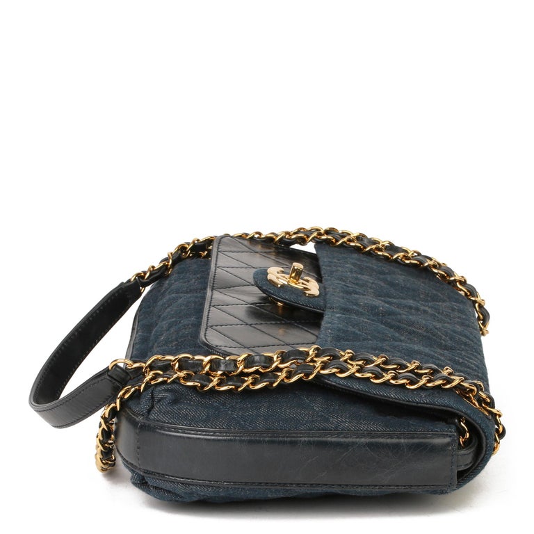 Black 2017 Chanel Blue Quilted Denim & Blue Calfskin Leather Single Flap Bag 