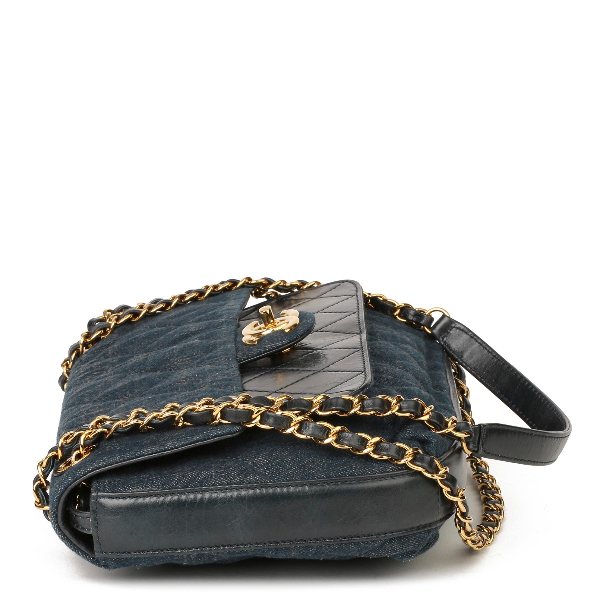 Black 2017 Chanel Blue Quilted Denim & Blue Calfskin Leather Single Flap Bag 