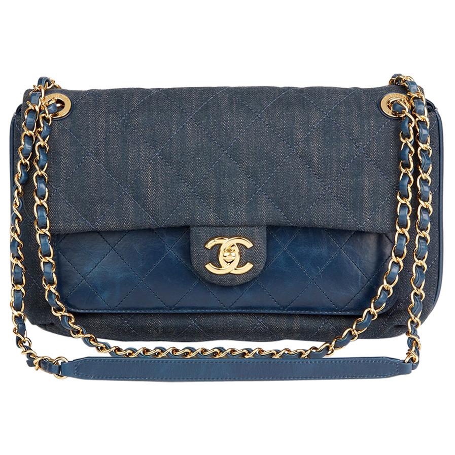 2017 Chanel Blue Quilted Denim & Blue Calfskin Leather Single Flap Bag