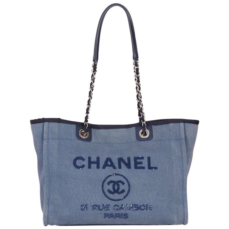 Chanel Deauville Large Denim Shopping Tote Bag Dark Blue