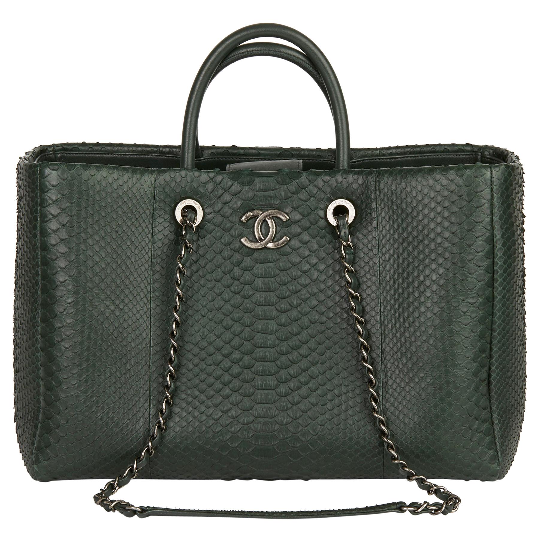 2017 Chanel Dark Green Python Leather Shopping Tote