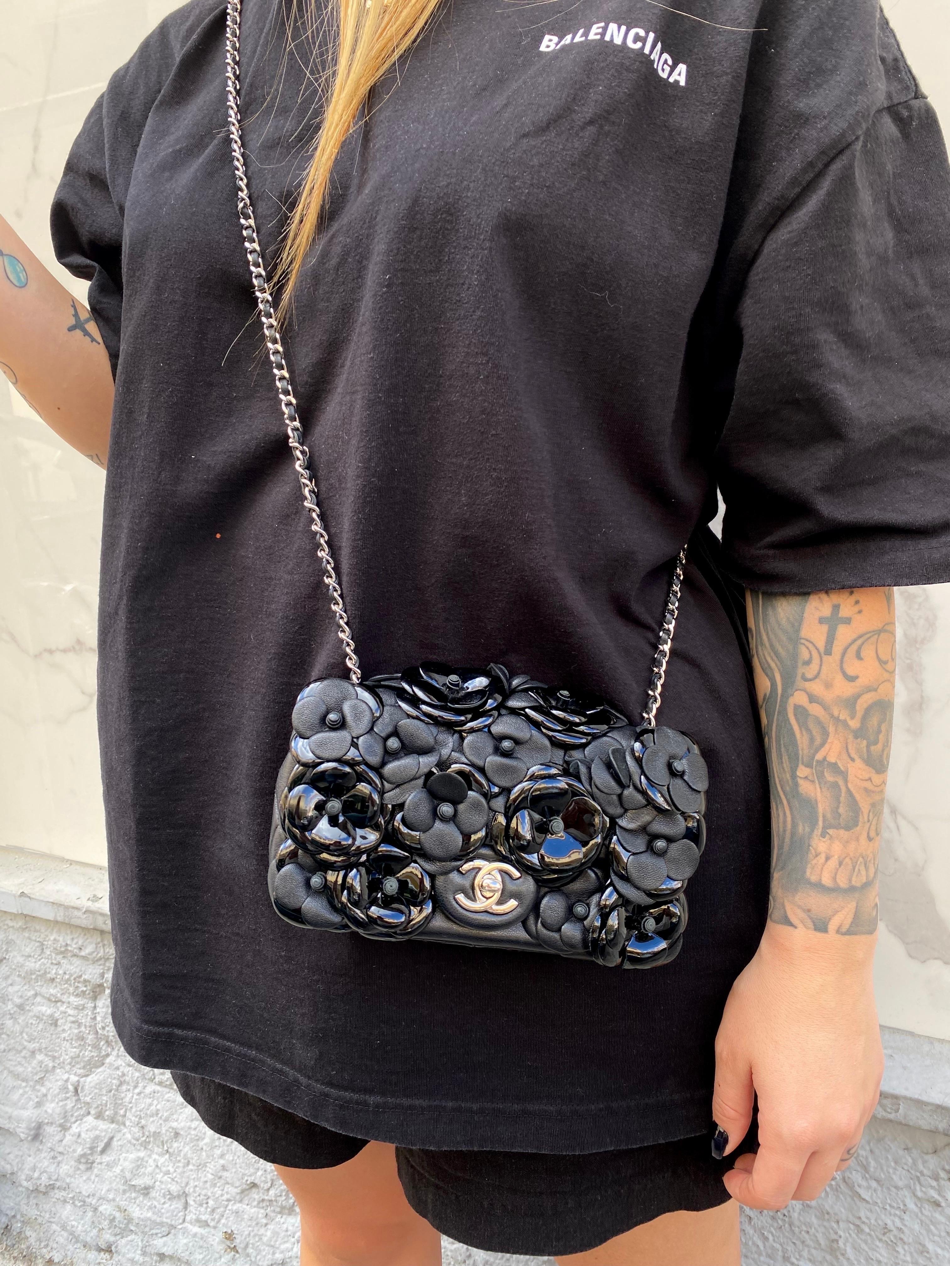2017 Chanel Mini Camelia Black  Leather Shoulder Bag 7