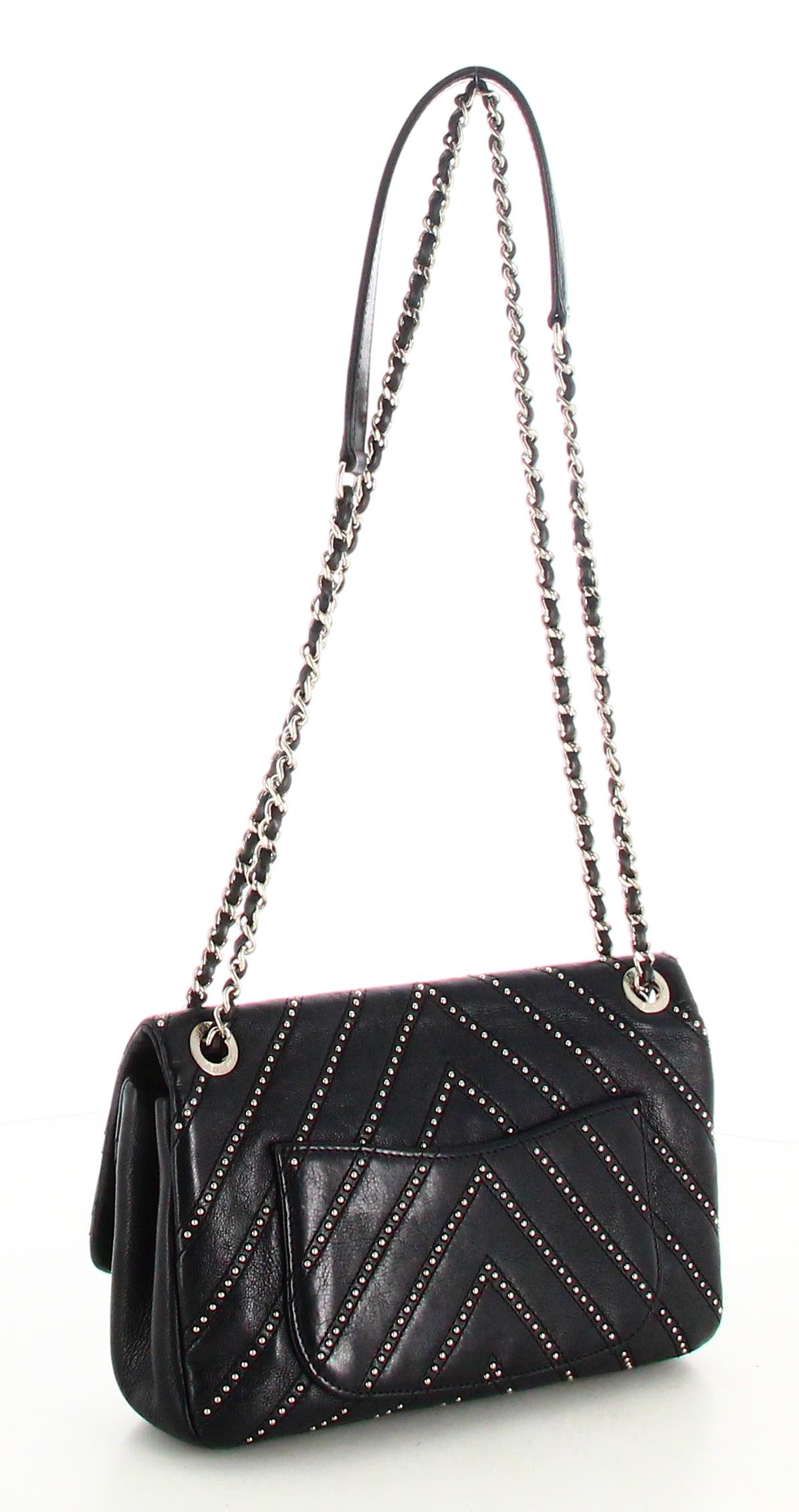 Women's or Men's 2017 Chanel Mini Handbag Chevron Stud Wars Flap Leather Black For Sale