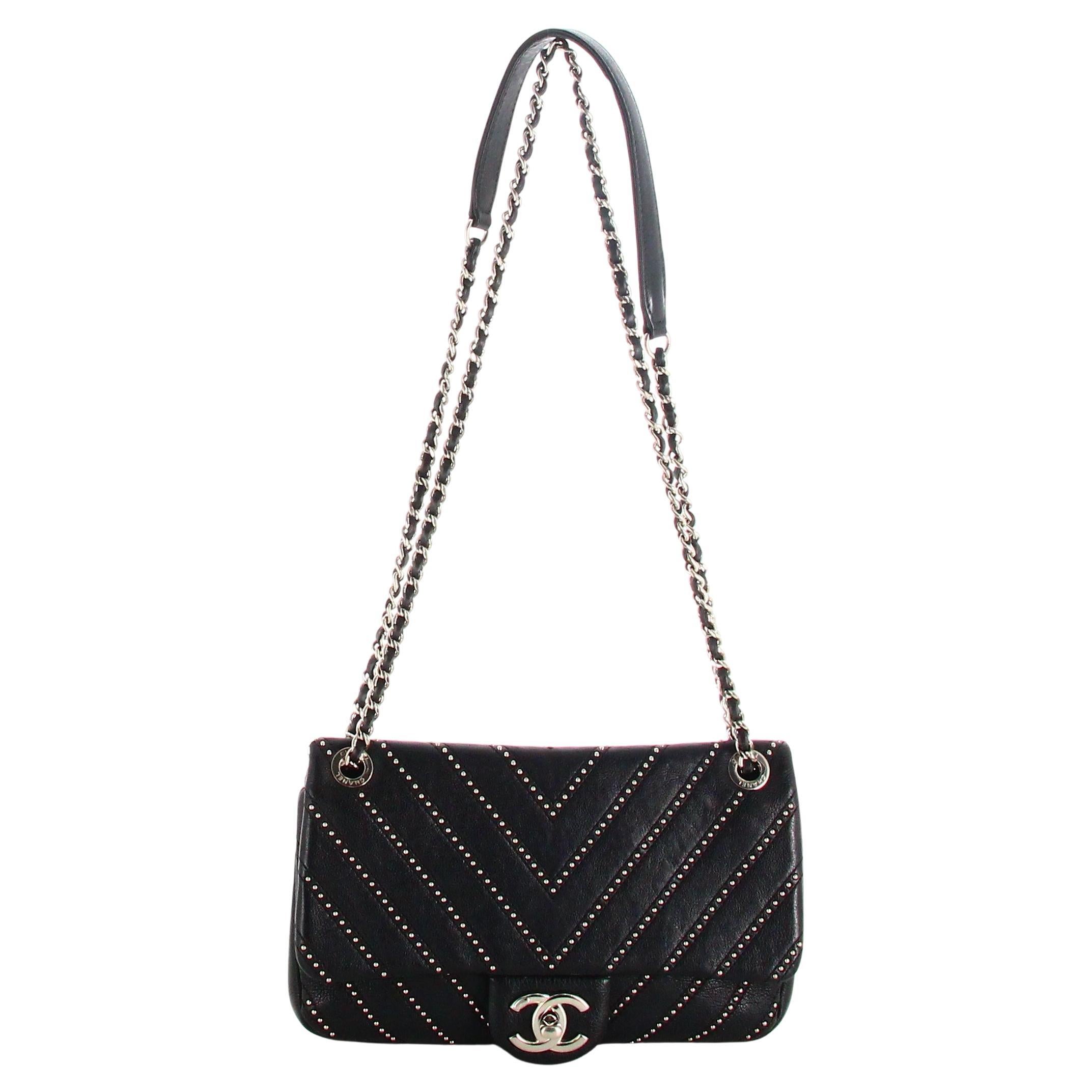 2017 Chanel Mini Handbag Chevron Stud Wars Flap Leather Black For Sale