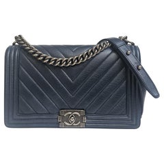 2017 Chanel Navy Caviar Chevron Quilted Medium Boy Bag