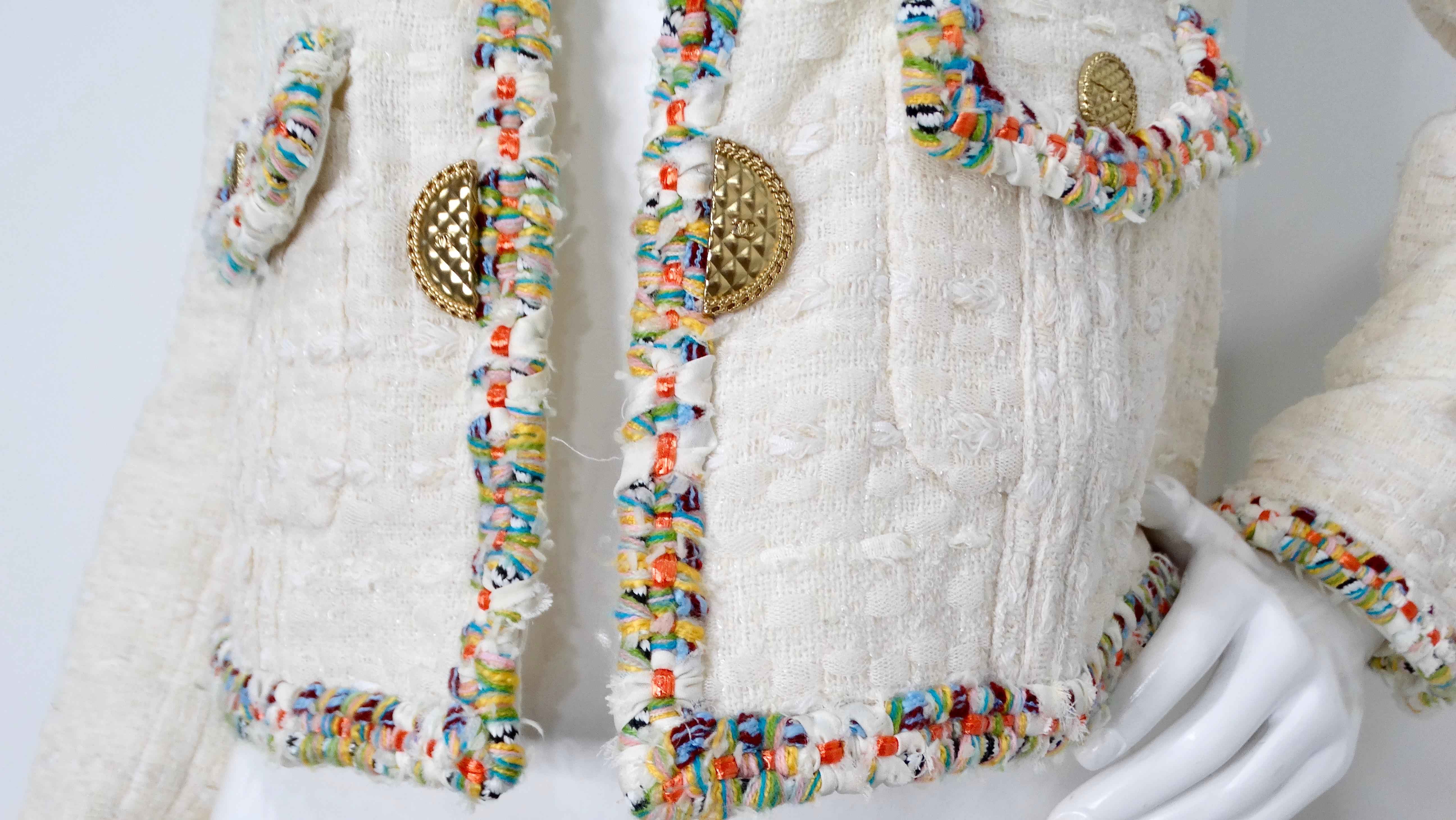 2017 Chanel Paris-Cuba Tweed Ivory Jacket With Multicolor Trim In Good Condition For Sale In Scottsdale, AZ