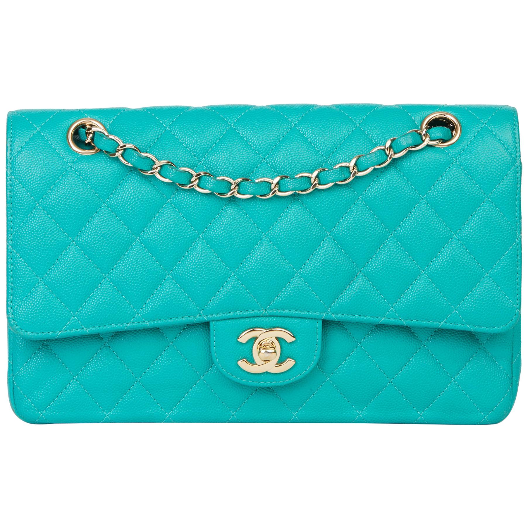 2017 Chanel Turquoise Quilted Caviar Leather Medium Classic Double Flap Bag  at 1stDibs