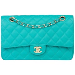 2017 Chanel Sac à double rabat classique moyen en cuir caviar matelassé turquoise