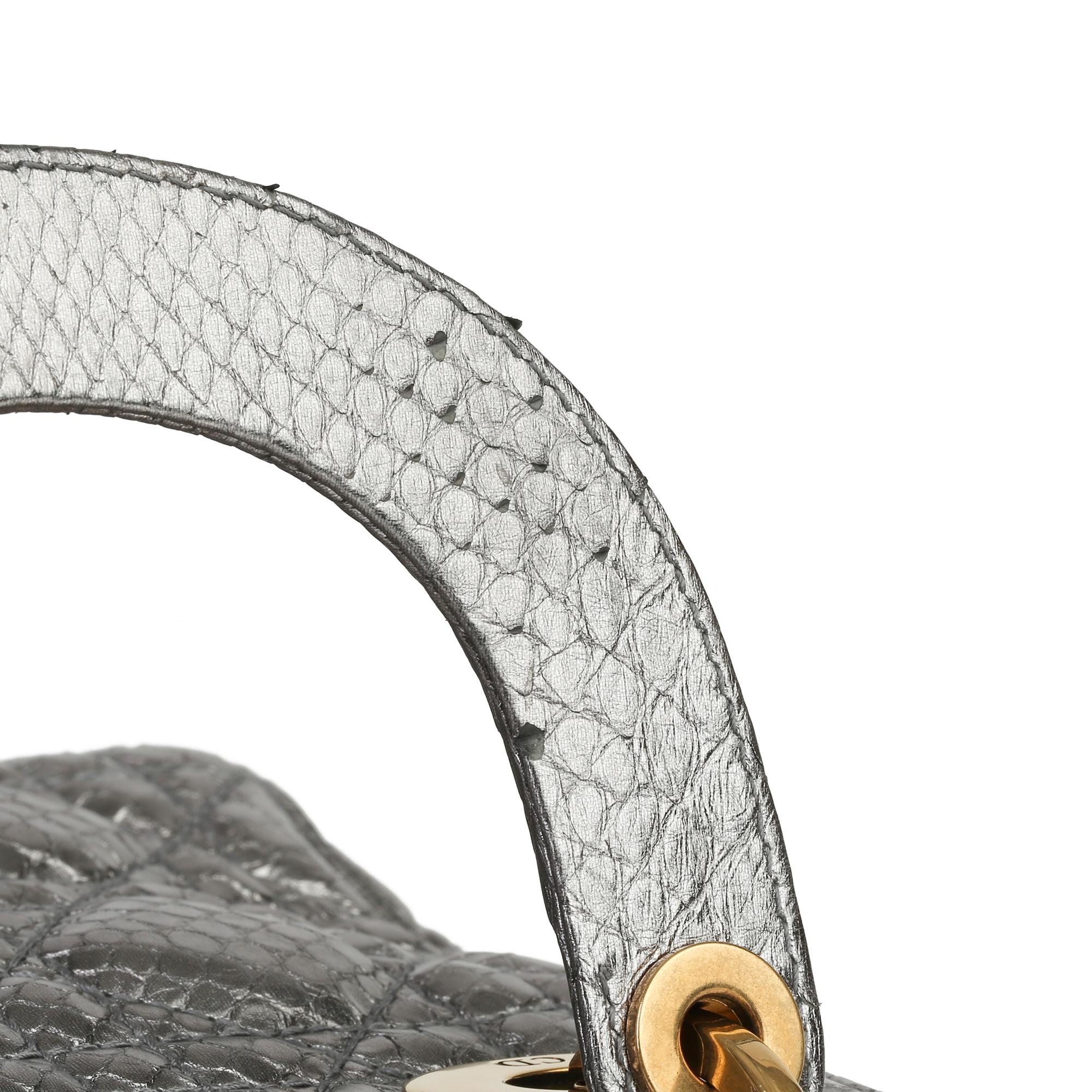 2017 Christian Dior Gunmetal Quilted Metallic Python Leather Mini Lady Dior 3