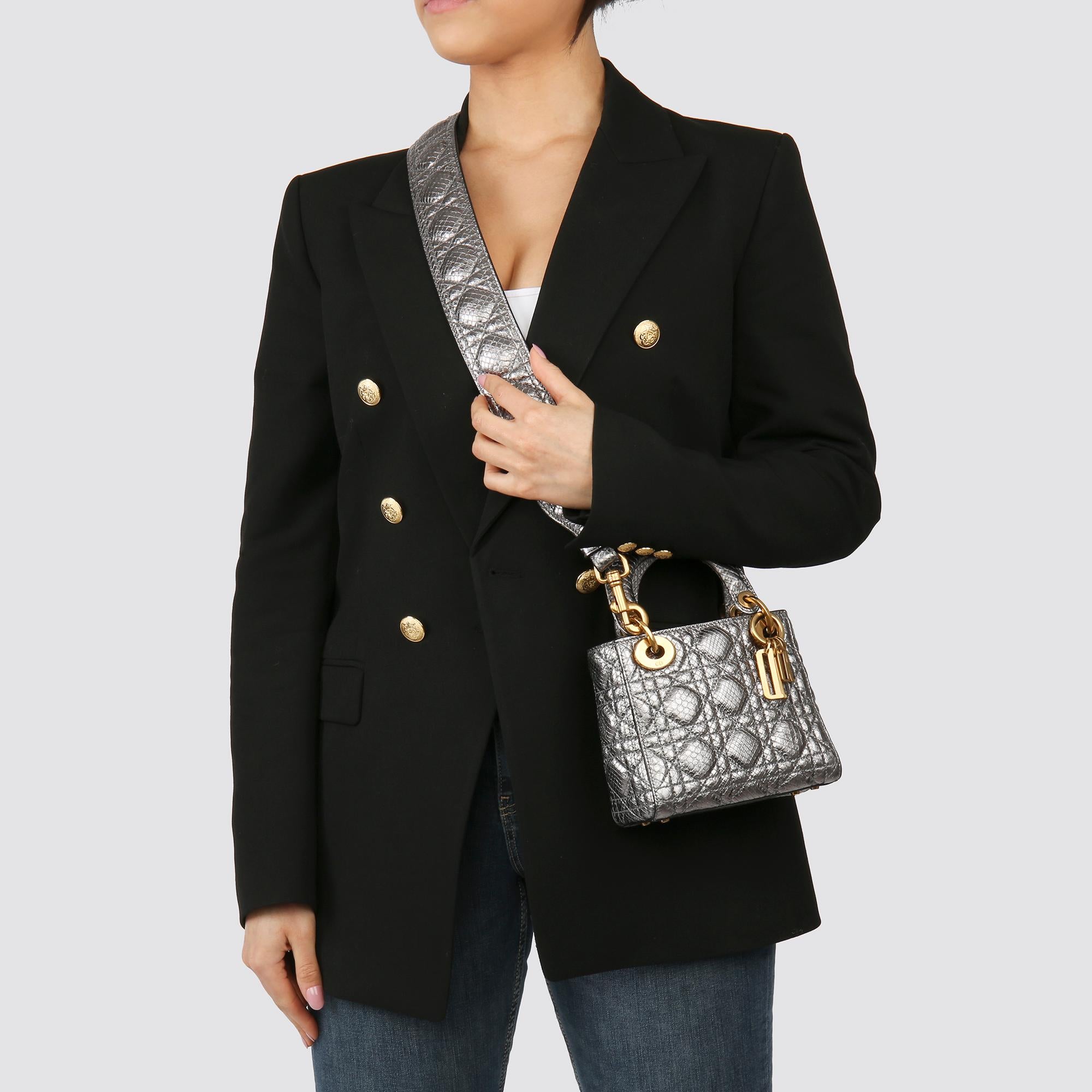 2017 Christian Dior Gunmetal Quilted Metallic Python Leather Mini Lady Dior 4