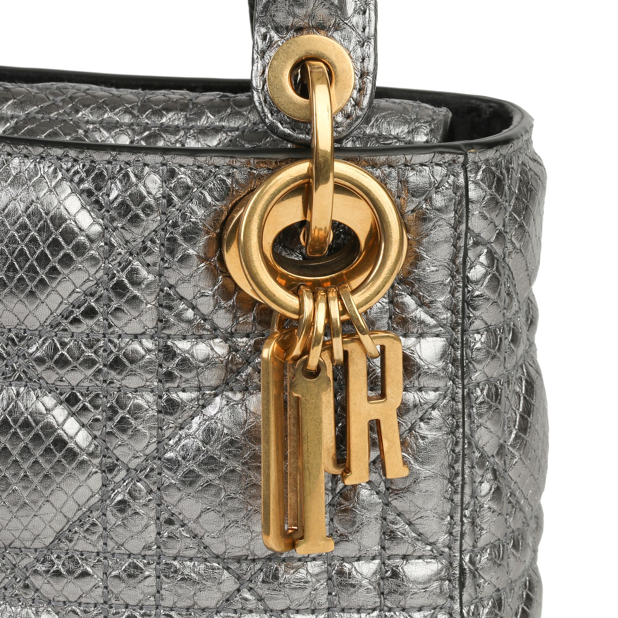 Gray 2017 Christian Dior Gunmetal Quilted Metallic Python Leather Mini Lady Dior
