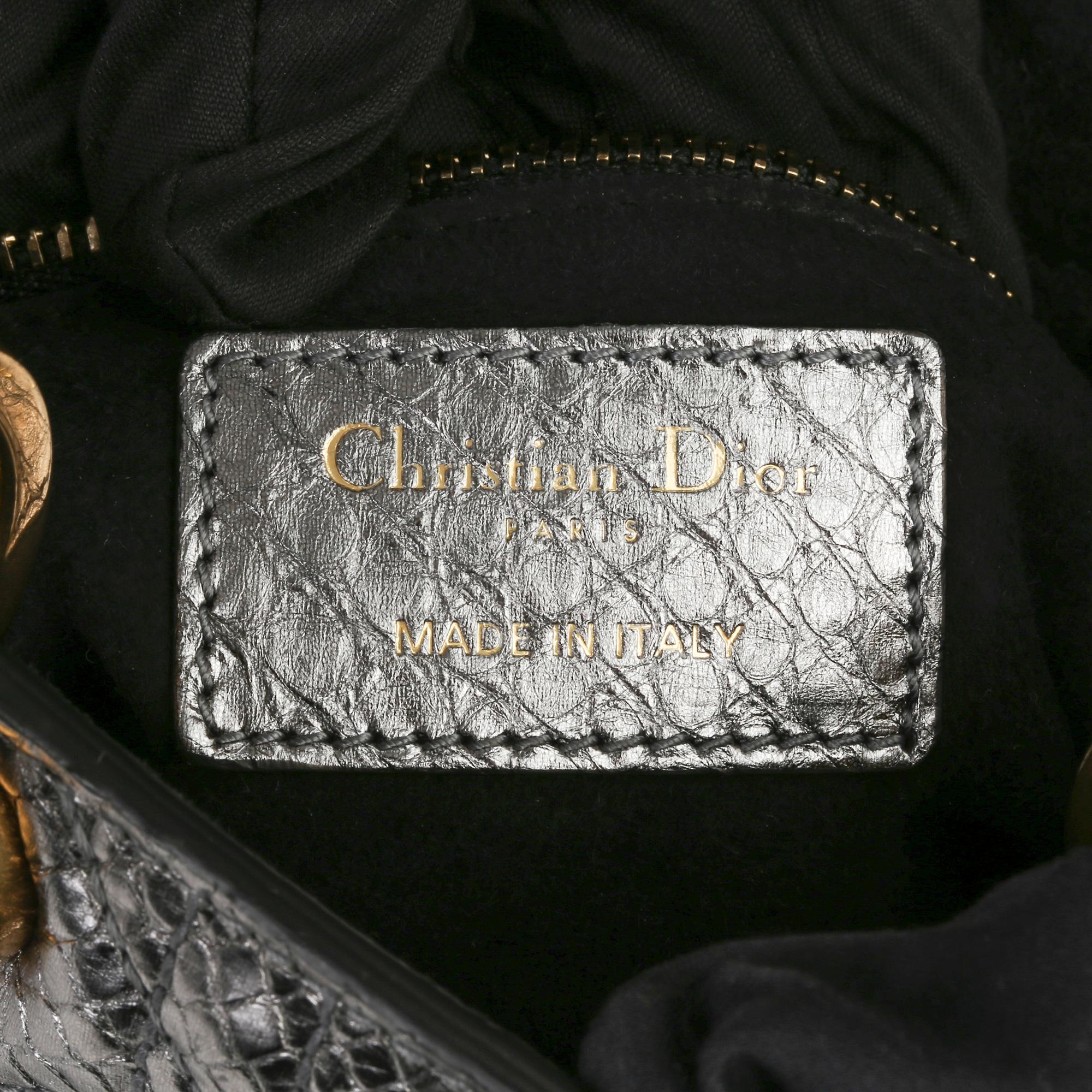 2017 Christian Dior Gunmetal Quilted Metallic Python Leather Mini Lady Dior In Excellent Condition In Bishop's Stortford, Hertfordshire