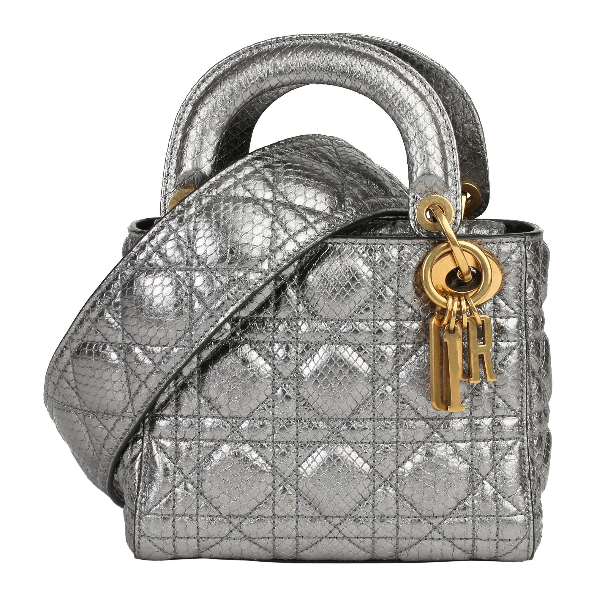 2017 Christian Dior Gunmetal Quilted Metallic Python Leather Mini Lady Dior 