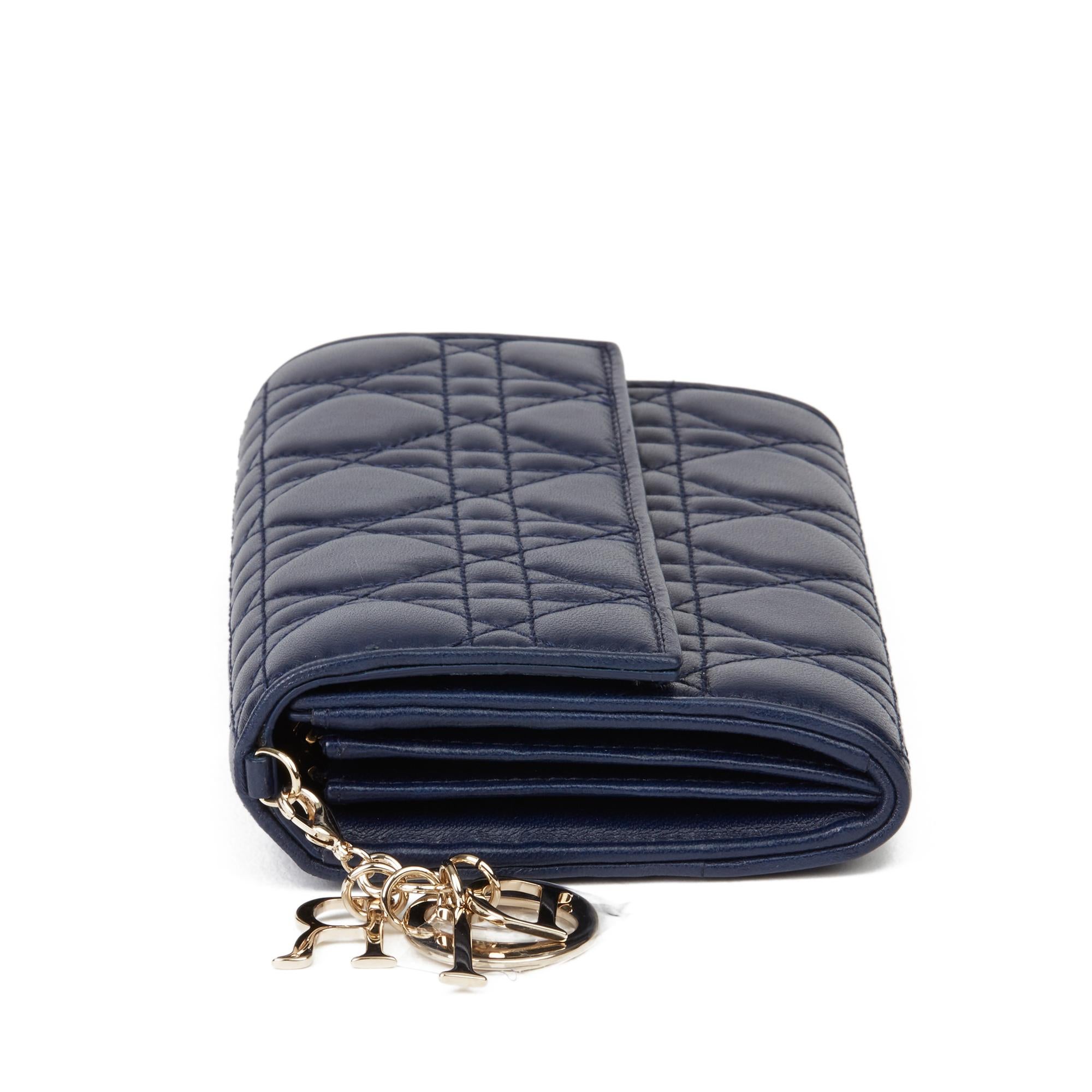 Black 2017 Christian Dior Navy Quilted Lambskin Lady Dior Wallet 