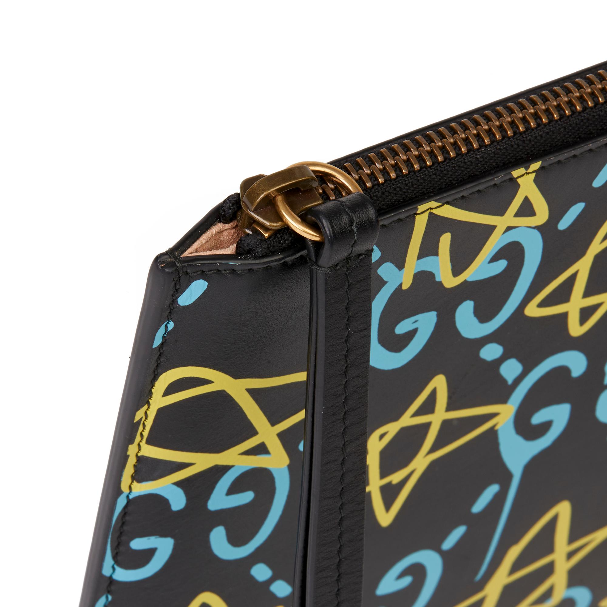 Women's 2017 Gucci Black, Blue & Yellow Calfskin Leather Gucci-Ghost Pouch