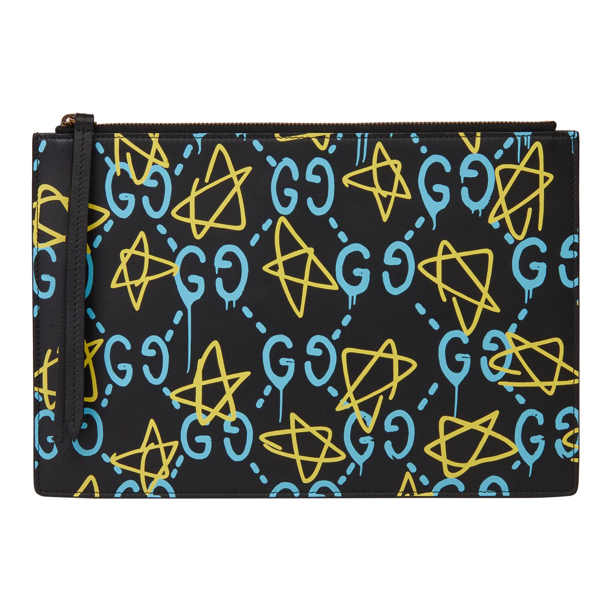 2017 Gucci Black, Blue & Yellow Calfskin Leather Gucci-Ghost Pouch