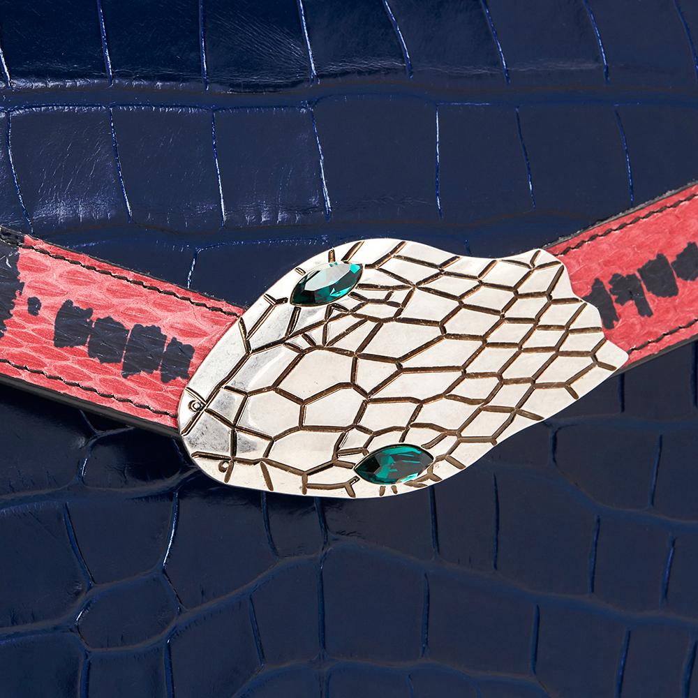 Black 2017 Gucci Blue Alligator Leather & Snakeskin Trim Small Lilith Top Handle Bag