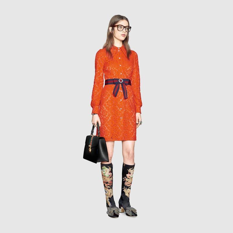 2017 Gucci Cluny lace dress with Web waistband For Sale 9