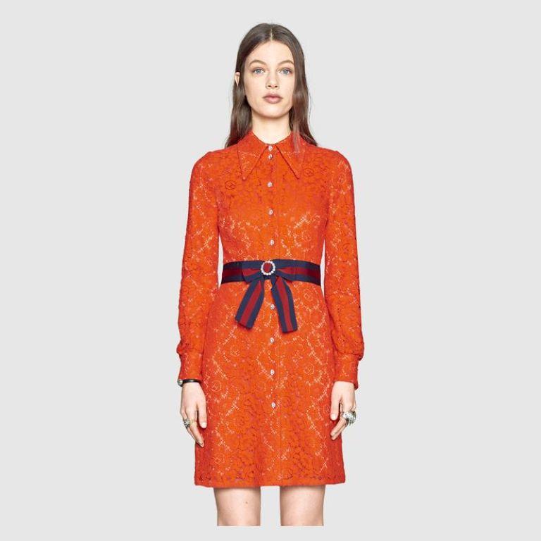 2017 Gucci Cluny lace dress with Web waistband For Sale 10