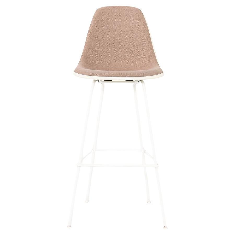 2017 Herman Miller Eames Fiberglass Bar Stool in White with Brown Fabric For Sale