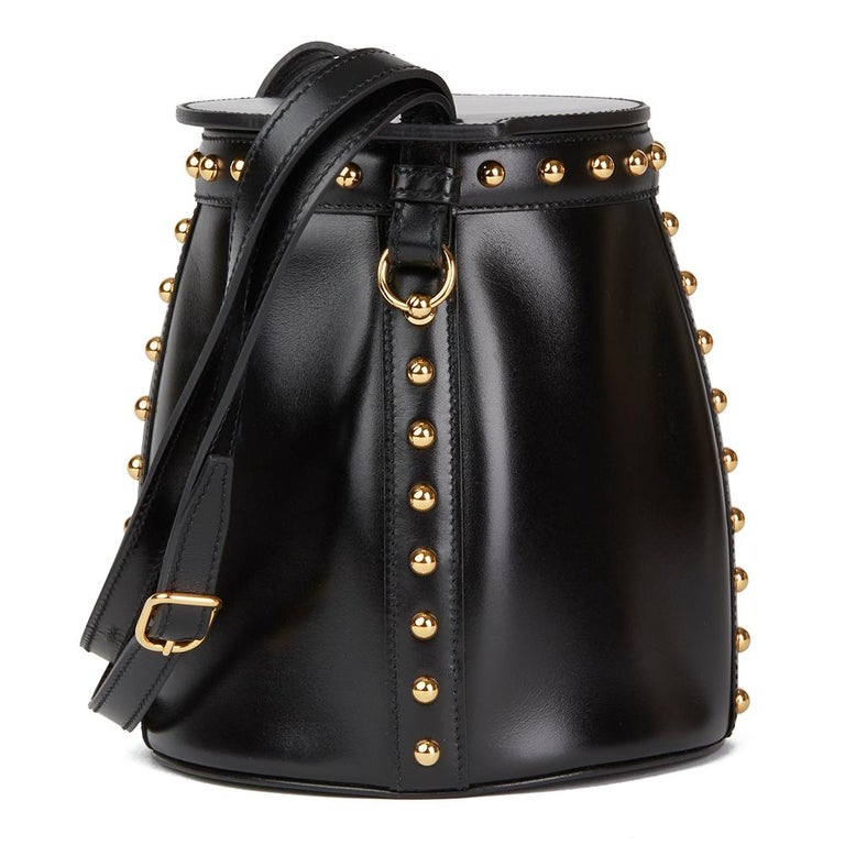 2017 Hermès Black Box Calf Leather Clouté Farming Bucket Bag For Sale at 1stdibs