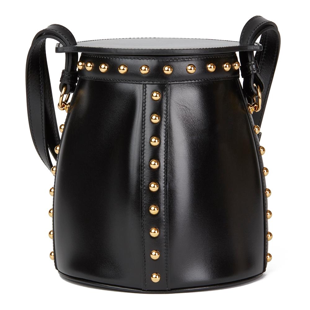 Women's 2017 Hermès Black Box Calf Leather Clouté Farming Bucket Bag