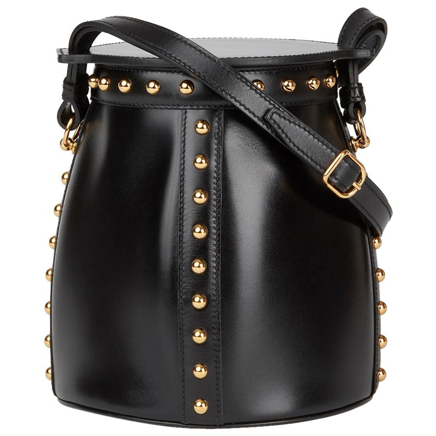 2017 Hermès Black Box Calf Leather Clouté Farming Bucket Bag