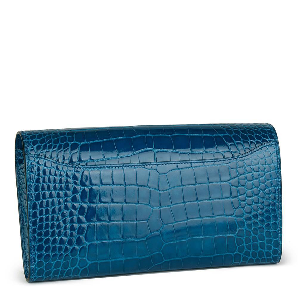 Blue 2017 Hermes Mykonos Shiny Alligator Leather Contance Long Wallet