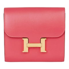 2017 Hermès Rouge à lèvres Rose Tadelakt Portefeuille compact Constance en cuir