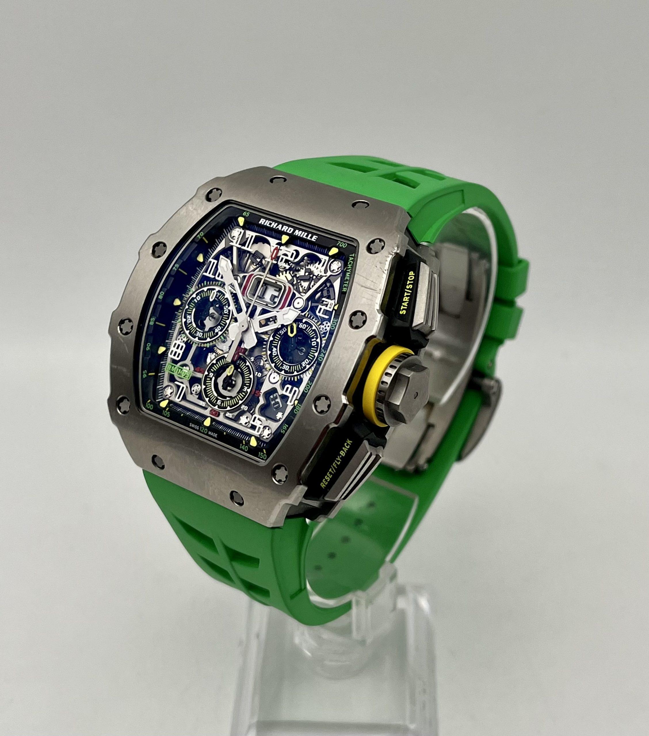 RM11_03 Richard Mille 
Excellent condition with box and papers
CALIBRE RMAC3
Skeletonised automatic movement with hours, minutes, seconds, flyback chronograph, 60-minute countdown timer at 9 o’clock, 12-hour totaliser, oversize date, month indicator
