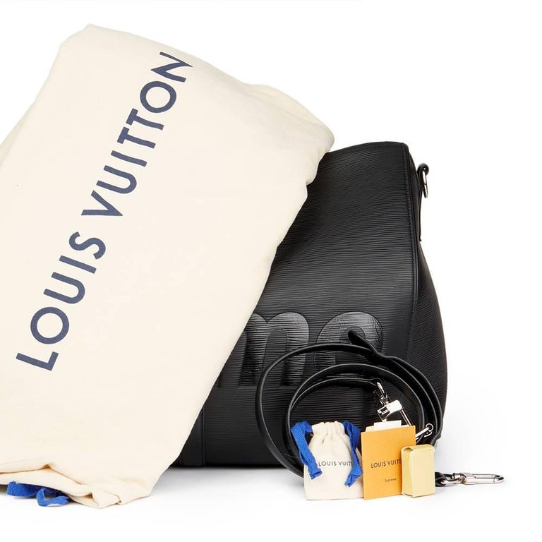 LOUIS VUITTON, MATTE BLACK SUPREME EDITION EPI SUPREME KEEPALL BANDOULIERE  55 WITH PALLADIUM HARDWARE, Luxury Handbags, 2020