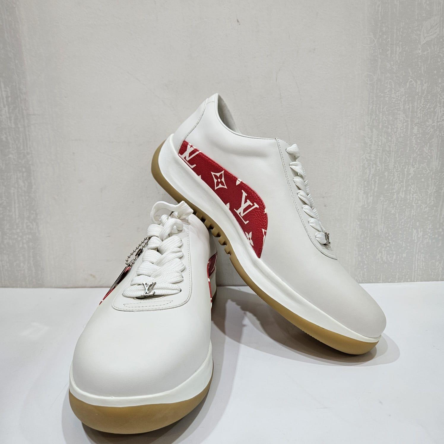 The sought after LV x Supreme collaboration. In unworn only tried on condition. Comes with its dust bag, extra shoelaces and box. Size 7 Insole is about 26 cm. 