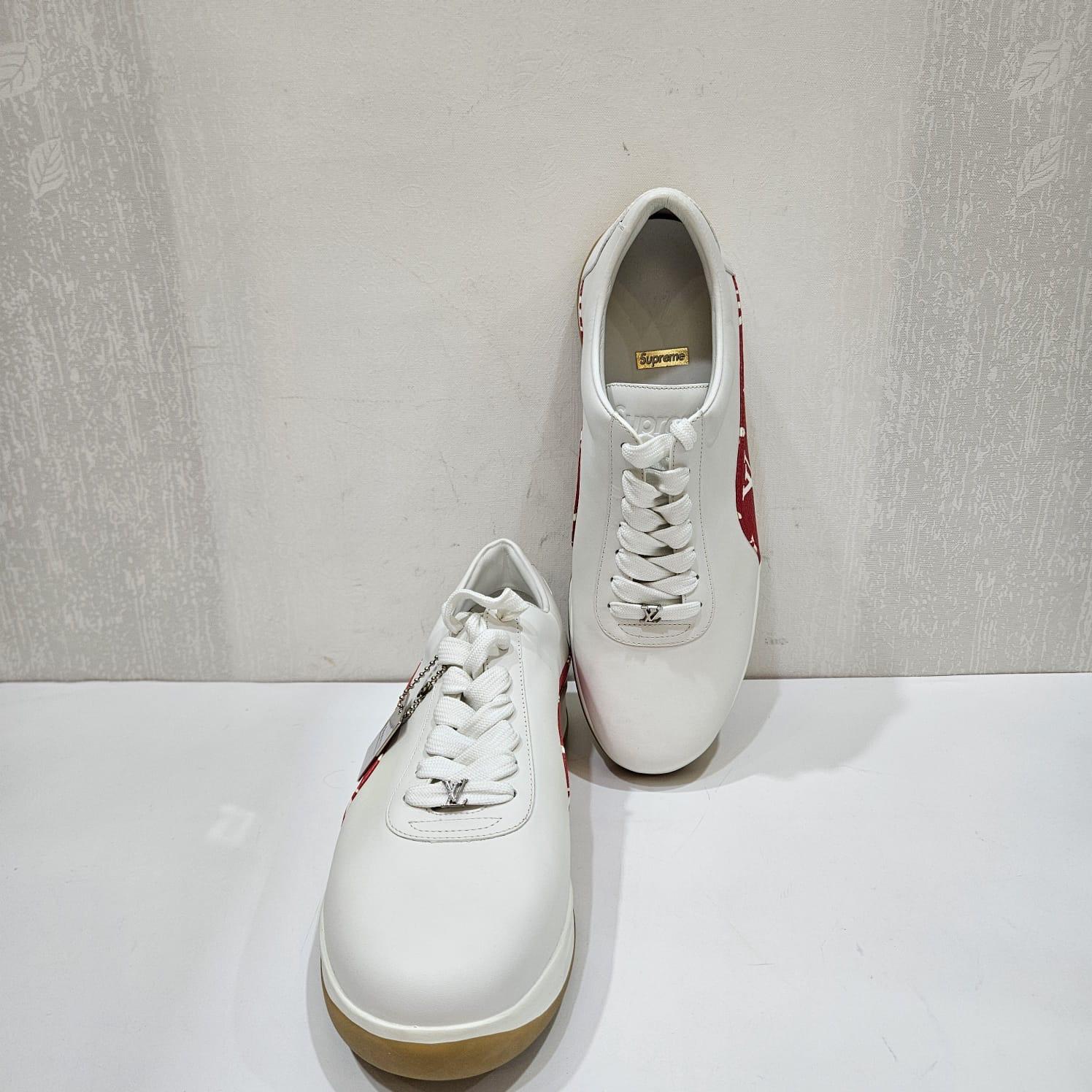 Men's 2017 Louis Vuitton x Supreme White Leather Monogram Sneakers For Sale