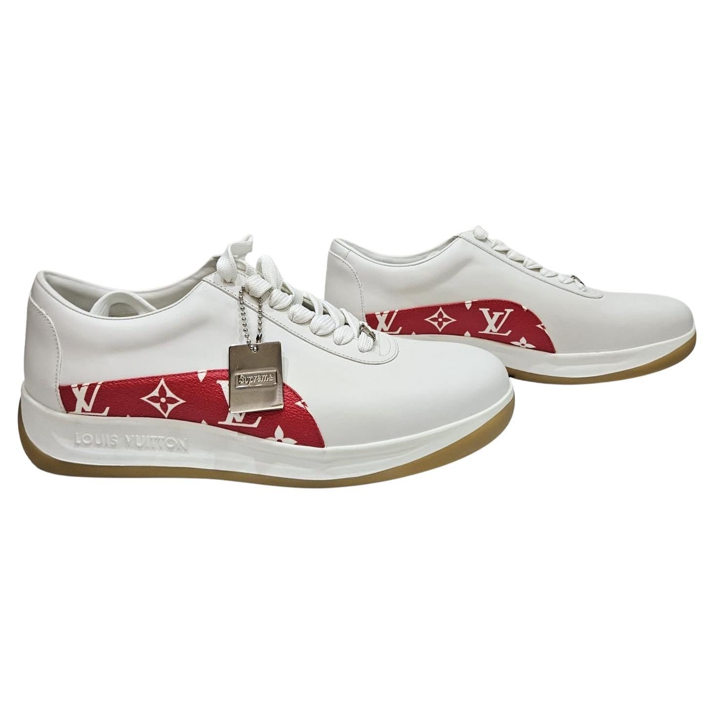 2017 Louis Vuitton x Supreme White Leather Monogram Sneakers For Sale