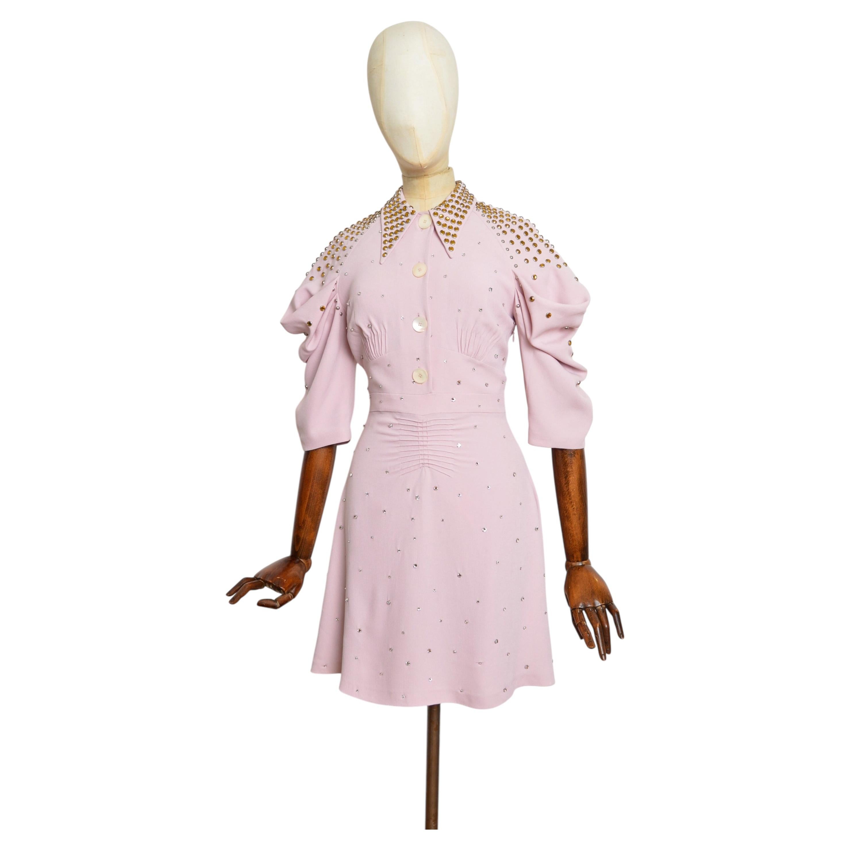 2017 MIU MIU Rhinestone Dagger Collar Seventies Dusty Pink Disco Mini Dress