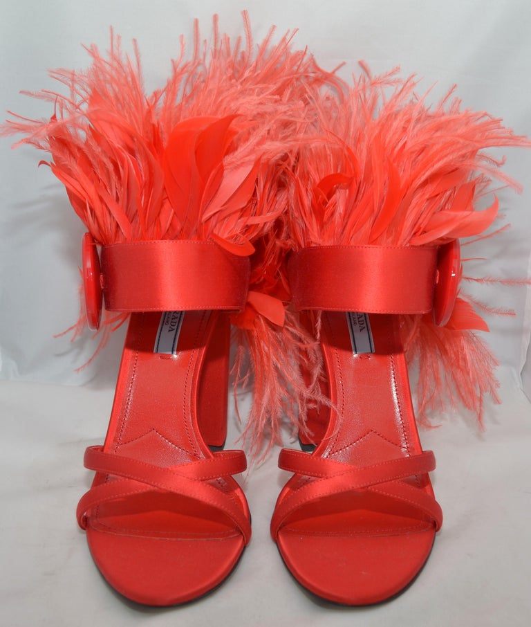 2017 Prada Feather Block Heels with Button Accent at 1stDibs | prada  feather heels, prada feather sandals, prada feather shoes