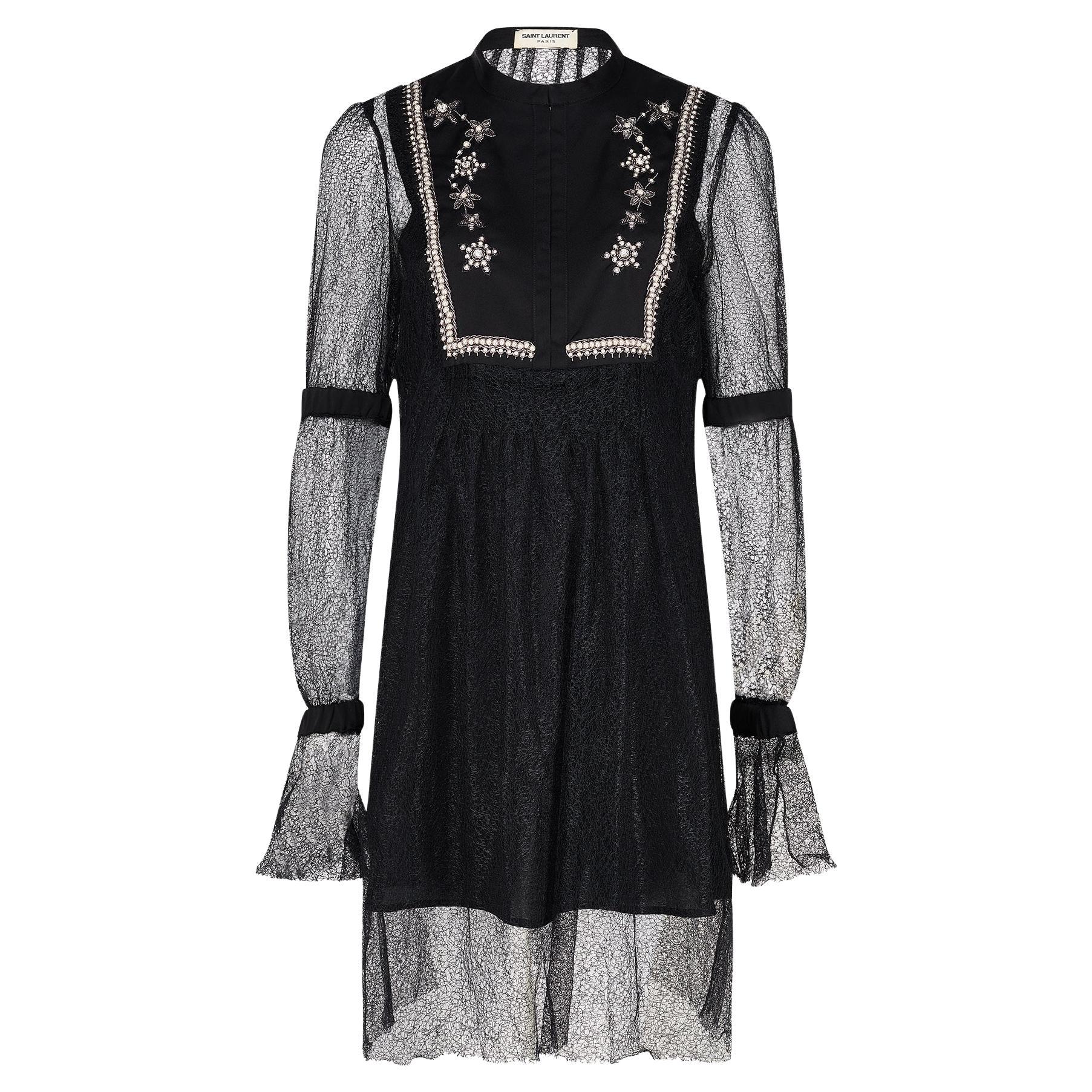 2017 Saint Laurent Embellished Yolk Black Lace Dress