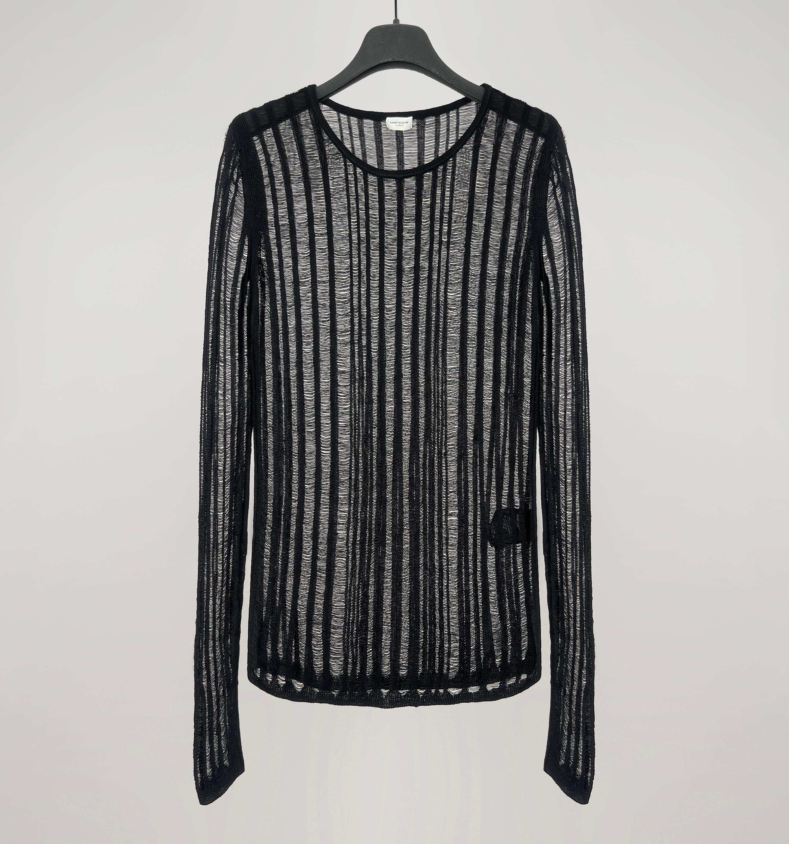 Saint Laurent Paris
distressed semi sheer knit sweater

 

size XS, good for S also
made in Italy
color: black
condition: gently used
fabric: 90% linen + 10% silk

 

Measurements:
chest ~ 43 cm
sleeve ~ 71 cm
shoulders ~ 36 cm
back length ~ 63 cm
